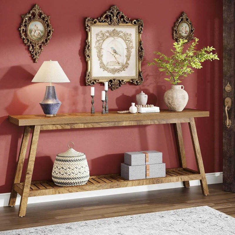 Console rustique à 2 niveaux - Base trapézoïdale à grain de bois rétro pour la décoration intérieure