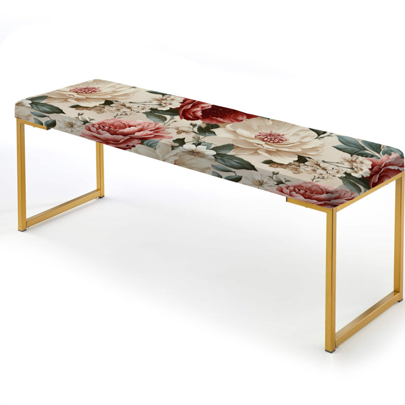 Antique Floral Pink Peony Garden - Vintage Upholstered Gold Bench