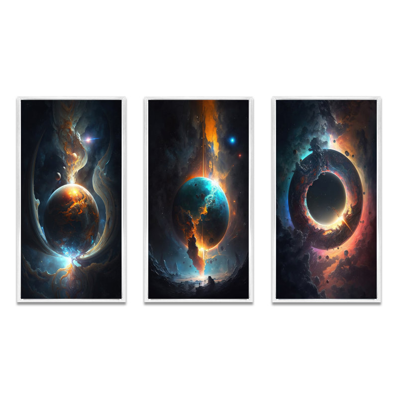 «Deep Space Planet Fusion», 3 pièces sur toile, Blanc, H 40 po x l 60 po