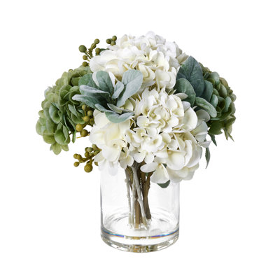 Artificial Hydrangea Floral Arrangement In Clear Glass Vase With Realistic Faux Water - Handcrafted Silk Flower Centerpiece, 12" Tall (Available In Classic White Or Mixed Greenery & Berry Styles)