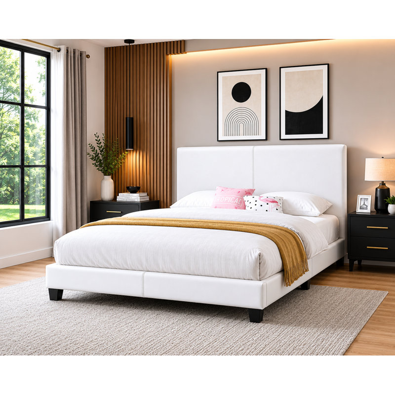 Lit capitonné moderne avec tête de lit ajustable, similicuir, blanc, Queen, Grand, Blanc