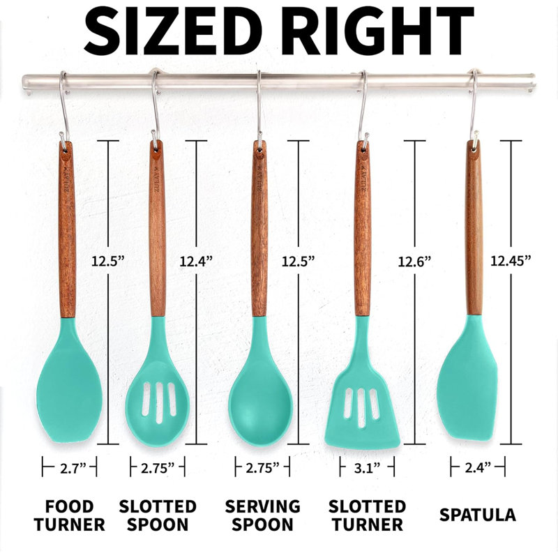 Zulay Kitchen 5 Piece Silicone Utensils Set With Authentic Acacia Wood Handles , Green