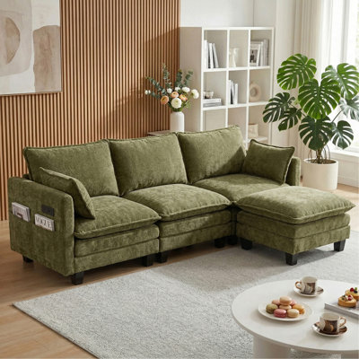 Modern Green Chenille Sofa Set, 3-Seat Couch with Individual Matching Ottoman, Modular Living Room Furniture with Built-in USB Ports and Side Pockets.