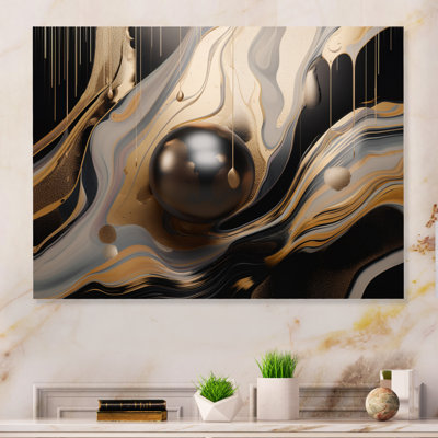Or et marbré noir Euphoria I - décoration murale abstraite en métal marbré