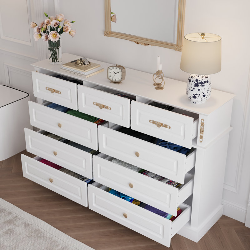 Extra Large 9 Drawers Dresser With Gold Knobs, 63" Wide Long Dresser For Bedroom, White