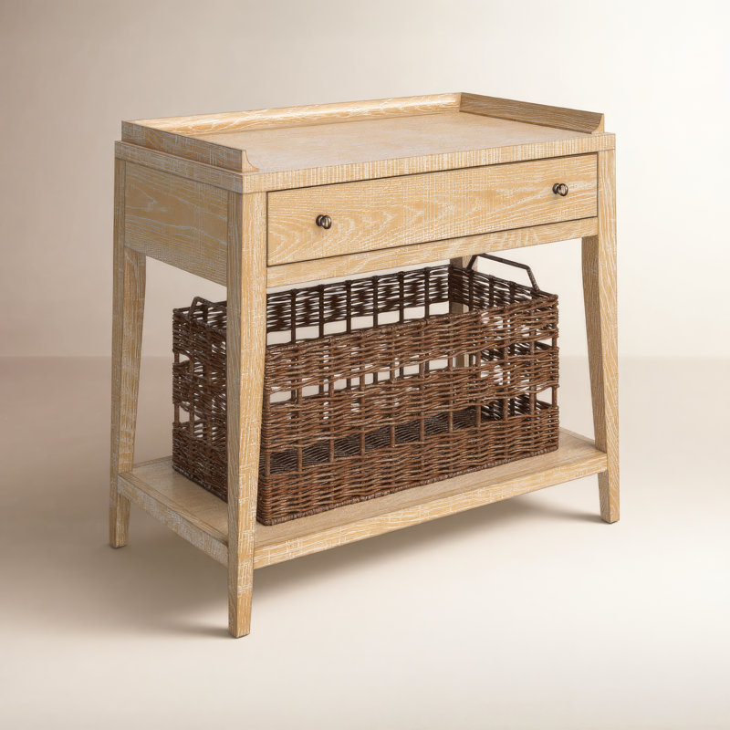 1 - Drawer Nightstand with Wicker Basket, Rustic Natural Oak