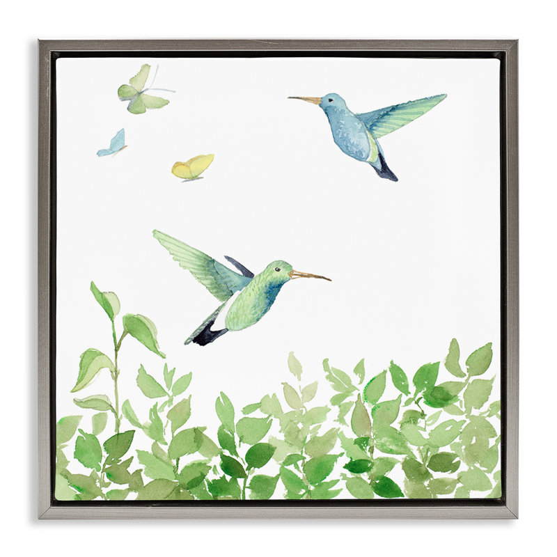 "Spring Hummingbirds Scene", art mural encadré par Lanie Loreth, Cadre flottant gris lustré, H 18 po x l 18 po