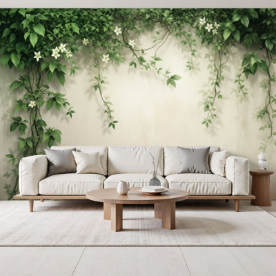 Peel and Stick Wallpaper Green Vines White Flowers Beige Wall Murals 69"H x 96"W Removable PVC Wall Paper Self-Adhesive Wall Decor for Bedroom Living Room Home Office Bathroom Nursery
