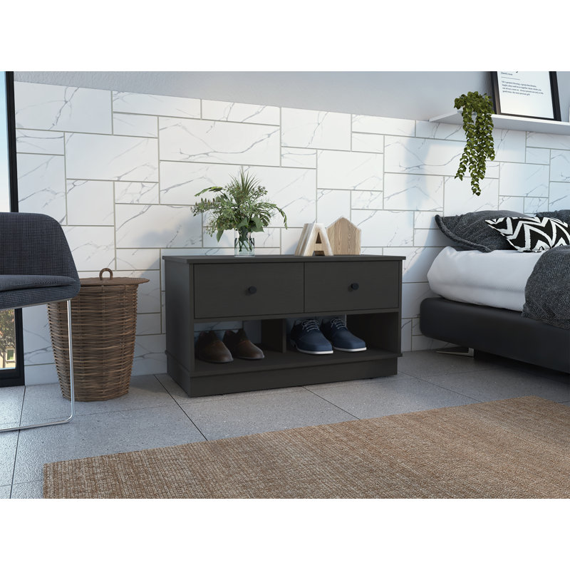 Hamilton Nightstand and Shoe Rack with Two Drawers and Two Open Shoe Storage, Black Wenge, Black Wenge
