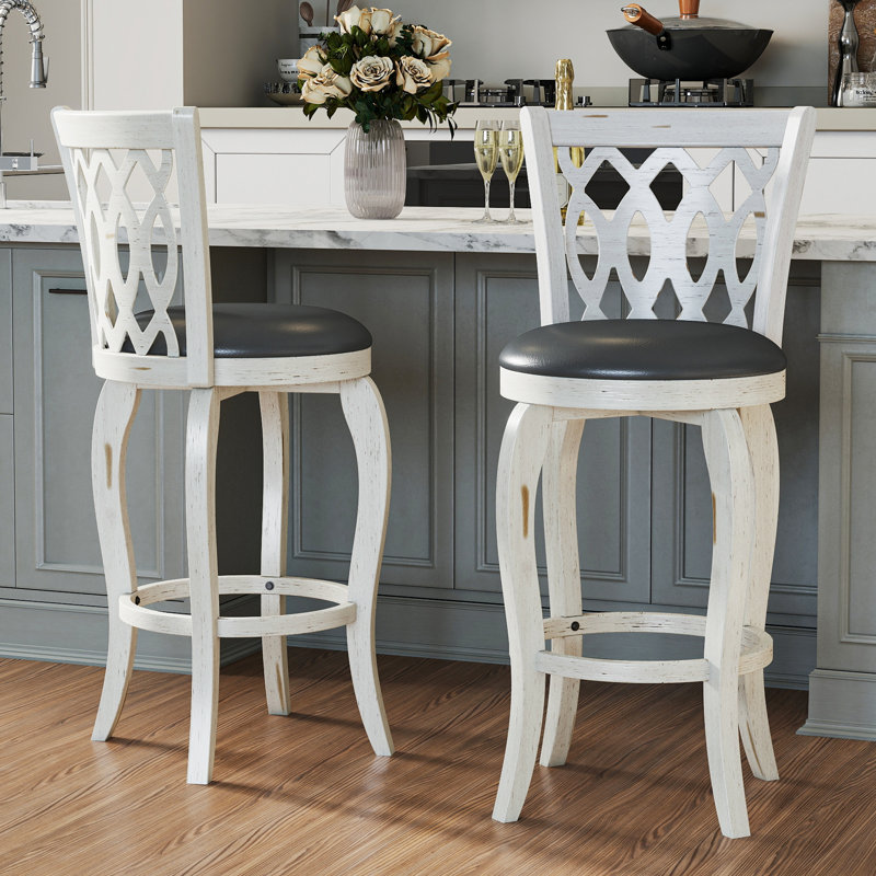Tabouret pivotant rembourré avec structure en bois massif, Blanc, Tabouret de bar (siège d'une hauteur de 29 po)