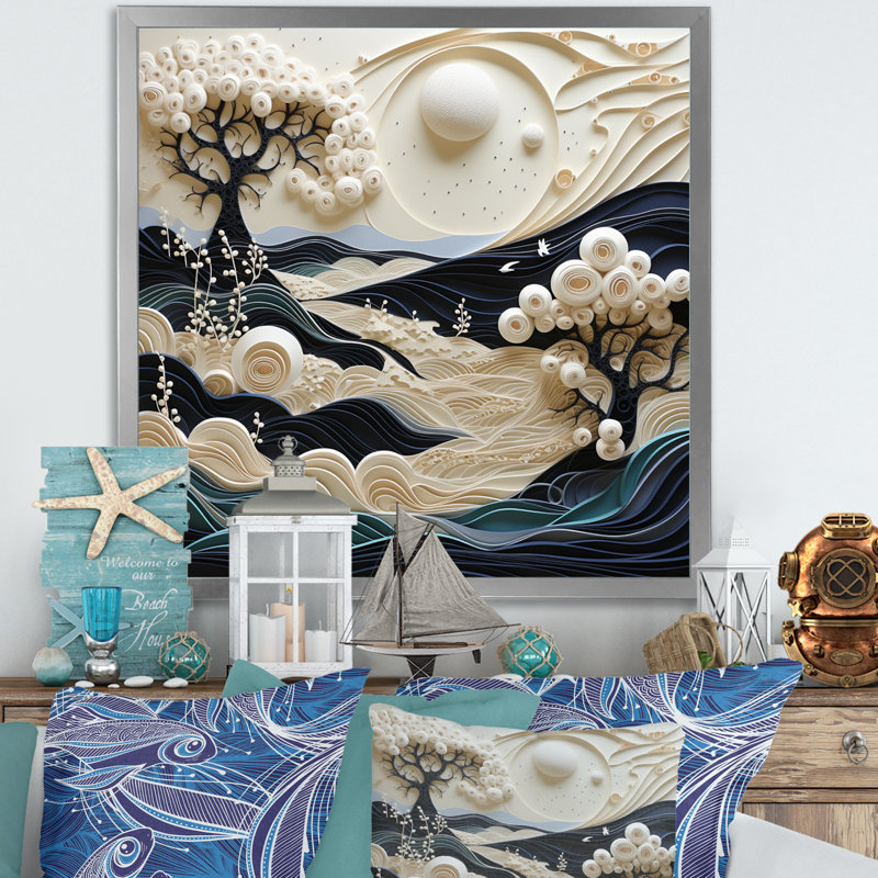 " Beach Dune Dance Papercut ", Silver Single Picture Framed, 24" H x 24" W x 1" D