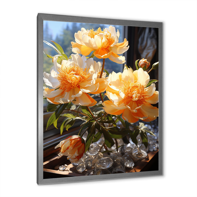 Art floral jaune pivoines jaunes, H 32 po x l 16 po x P 1 po, Cadre photo argenté