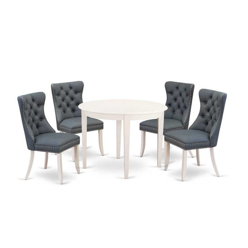 5-Piece Linen White Solid Wood Top - Round Upholstered Dining Room Set - (Seats-4), Gray