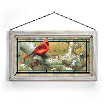 SGA CARDINAL BIRCH 13X23 ; BASTIN; STAINED GLASS ART WHITEWASH FRAMED