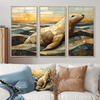 Inuit Seal In Yellow And Brown Tones - Seal Wall Art Print Set