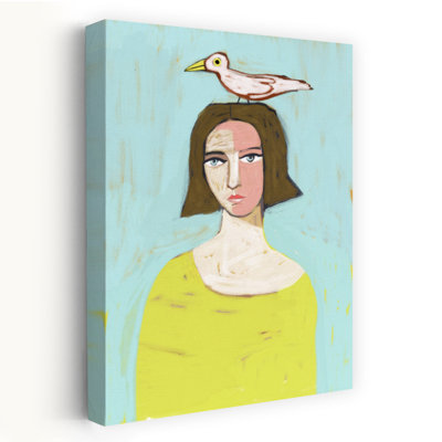 «Whimsical Woman with Bird Abstract Colorful Modern Bird Portrait», reproduction d'art mural