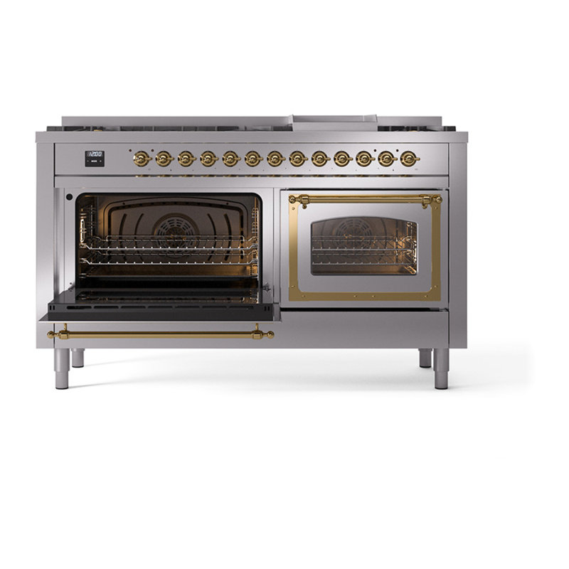 ILVE Nostalgie II Noblesse 60 in Dual Fuel Range, 9 Burner, Griddle, Stainless Steel/Brass, Natural Gas