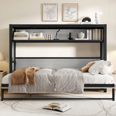 Lit escamotable simple avec tablettes, lit mural en métal au design pliable et peu encombrant, gris