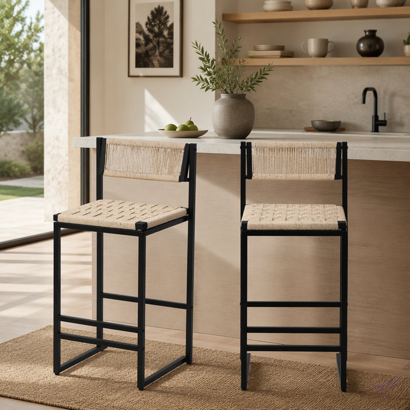 Ensemble de 2 tabourets de bar tissés avec dossier en corde de papier tissé pour îlot de cuisine, Blanc crémeux