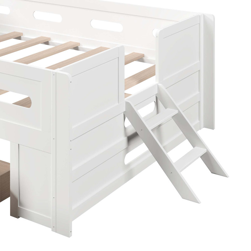 Lit plateforme en bois pleine grandeur avec garde-corps et tiroir, blanc, Lit double, Blanc