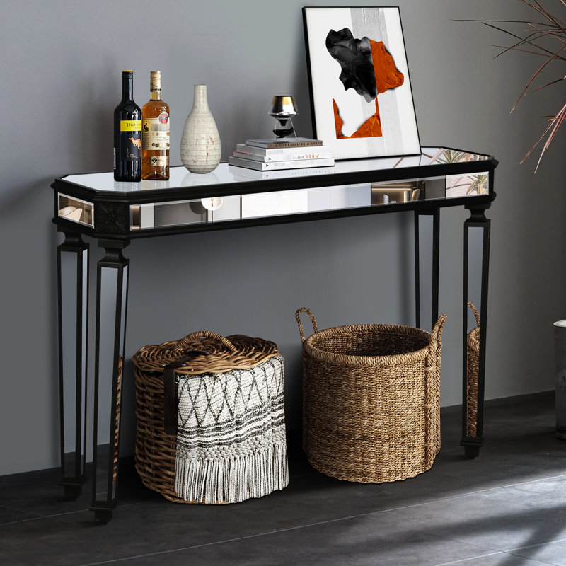 Console avec éléments de sculpture et de miroir rétro, forme ovale pour le salon - noir argenté, l 48 po x H 32,7 po, P 14 po, bois massif et verre miroir, chambre à coucher