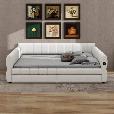 King Size Upholstered Daybed With 2 Drawers, Lambswool Day Bed Frame With USB Ports And Soft Backrest