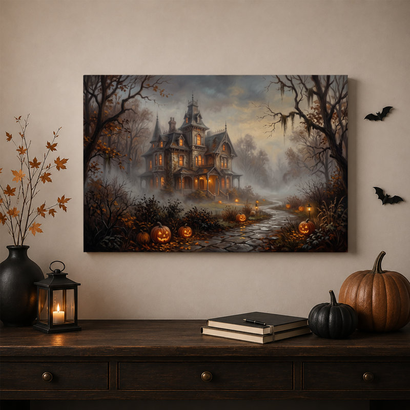 Manoir victorien hanté avec citrouilles illuminées sur une toile murale d'Halloween, 12"H x 18"W