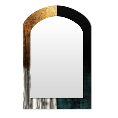 Golden Dark Moon Boundless Reverie - Geometric Arch Decorative Mirror, Modern Asymmetrical Wall Mirror, Printed Metal Art
