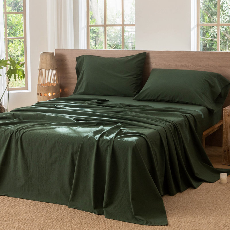 MooMee Flat Sheet 100% Washed Cotton Linen Like Textured Breathable Lightweight, Queen Flat Sheet, Forest Green