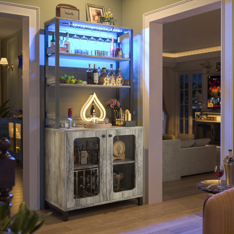 Parina 66.9''tall Modern Wine Cabinet Bar Cabinet with Wine Glasses Rack and Led Strip, Light Gray