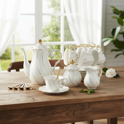22 pcs White Porcelain Tea Set for 6 with Golden Trim