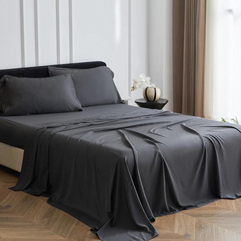 Ensemble de draps en rayonne de bambou, Gris anthracite, Ensemble de draps pour lit double avec 2 taies d'o