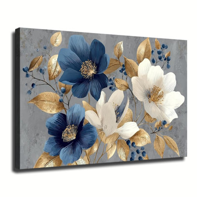 Art floral bleu marine et blanc avec feuilles dorées, grande impression sur toile tendue avec châssis pour salon, chambre à coucher