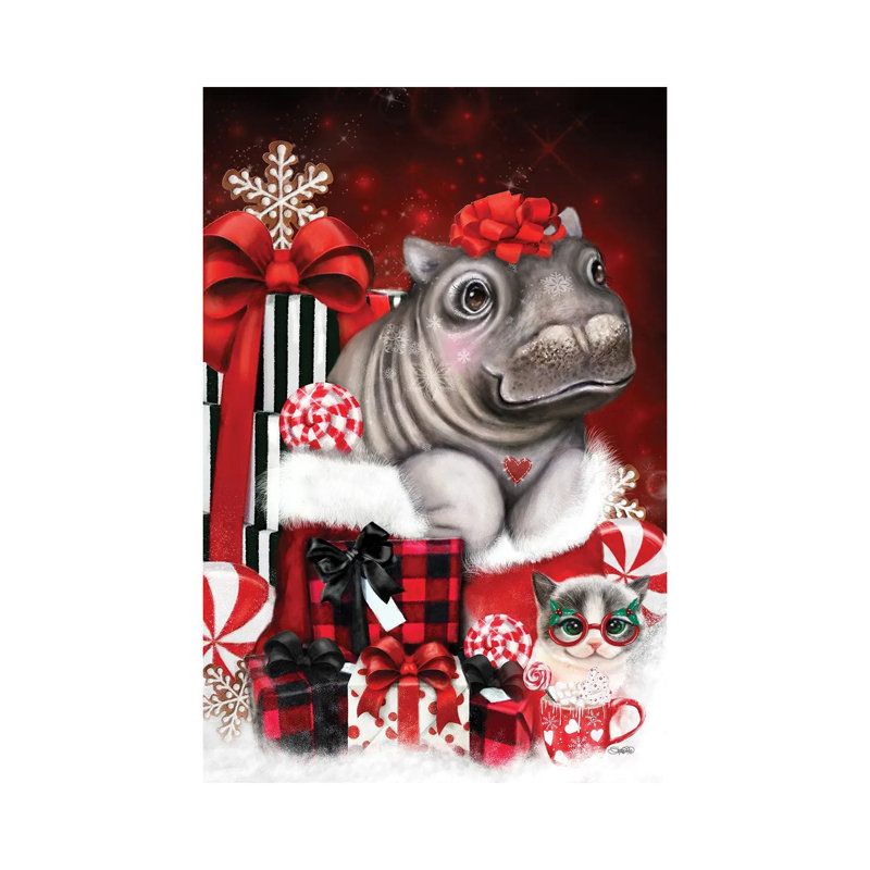«Cute Hippo Christmas Surprise», reproduction d'art sur toile tendue, H 26 po x l 18 po, Toile tendue, Ne s’applique pas