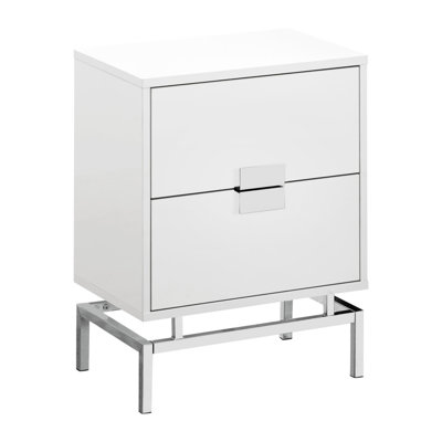 Accent Table, Side, End, Nightstand, Lamp, Storage Drawer, Living Room, Bedroom, Glossy White Laminate, Chrome Metal, Contemporary, Modern