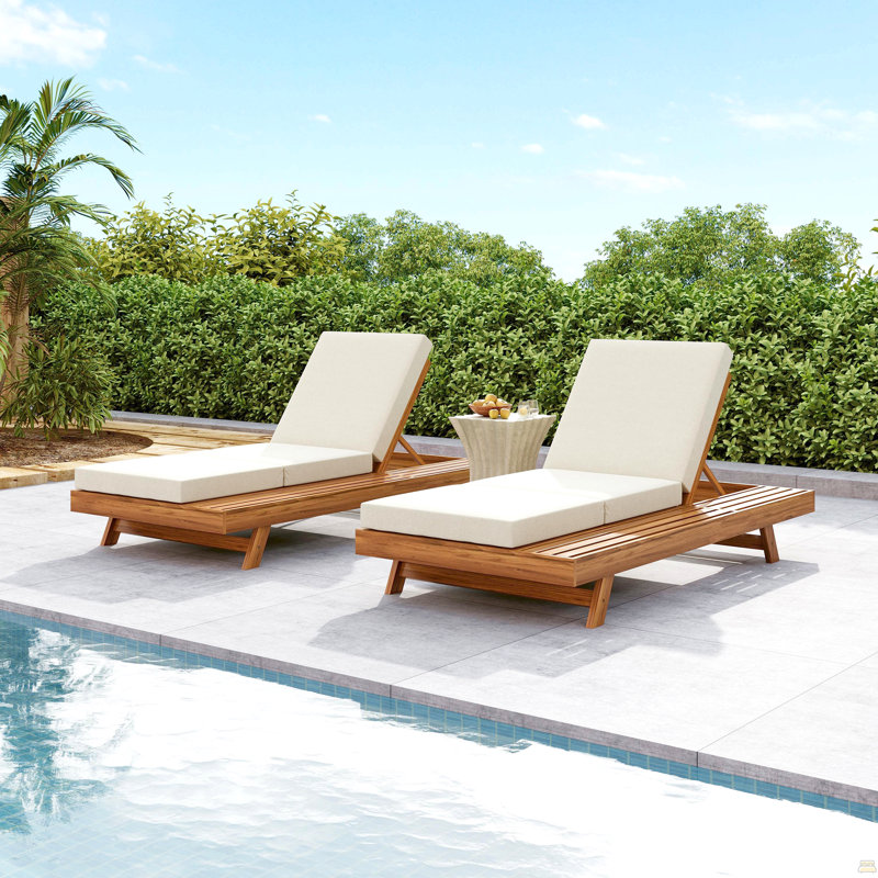Ensemble de chaises longues, espace disponible sur un côté, bois d'acacia massif avec coussin de salon, Crème