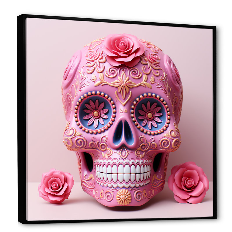 Tête d'art mexicain La Calavera, Cadre flottant noir, H 16 po x l 16 po x P 1 po