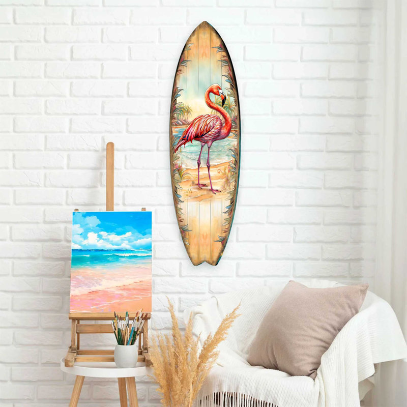 «Pink Flamingo Surfboard», art mural par C. Debrekht - décoration murale côtière tropicale fabriquée à la main