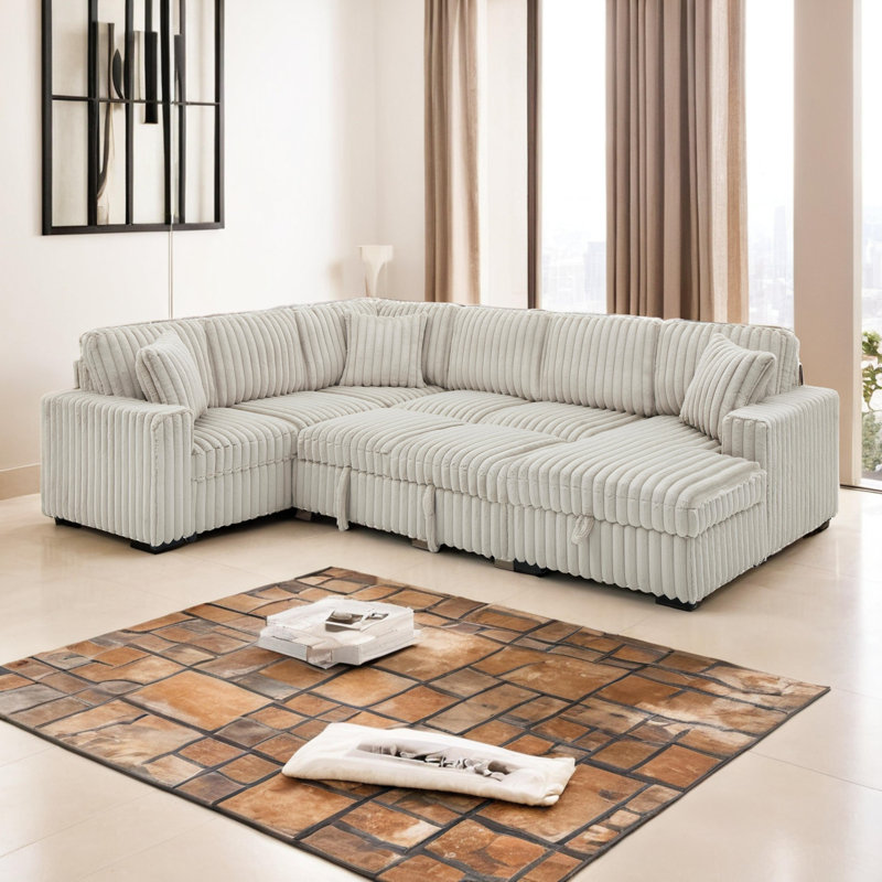 Shonita 122'' Square Arms Sectionl Sleeper Sofa U Shape Sectional Sofa with Pull Out Couch and Storage Chaise&USB Ports