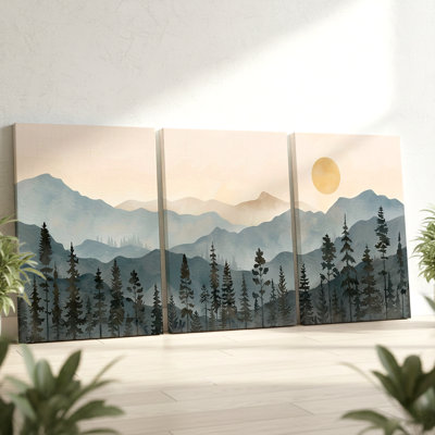 3 pièces d'art mural paysage de montagne avec forêt et soleil, trois pièces d'art mural pour le salon, la chambre à coucher, le bureau et la maison