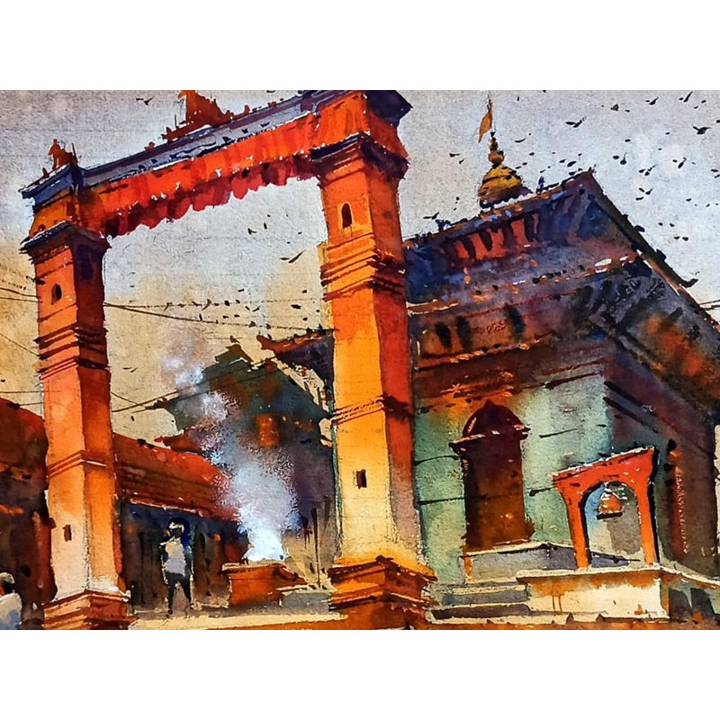 Temple à Katmandou | Aquarelle sur papier | Par Praween Karmakar
