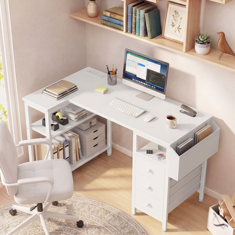 Bureau d'ordinateur en L 47 po à prises intégrées avec tiroirs et tablettes de rangement, blanc