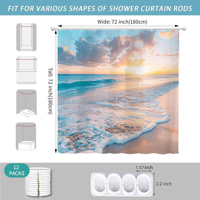 Ensemble de rideau de douche Ocean Beach Coastal Nautical Summer Sunset