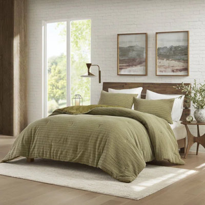 Lyon Green Oversized Cozy 100% Cotton Waffle Washed 3-Piece Full/Queen Comforter Set