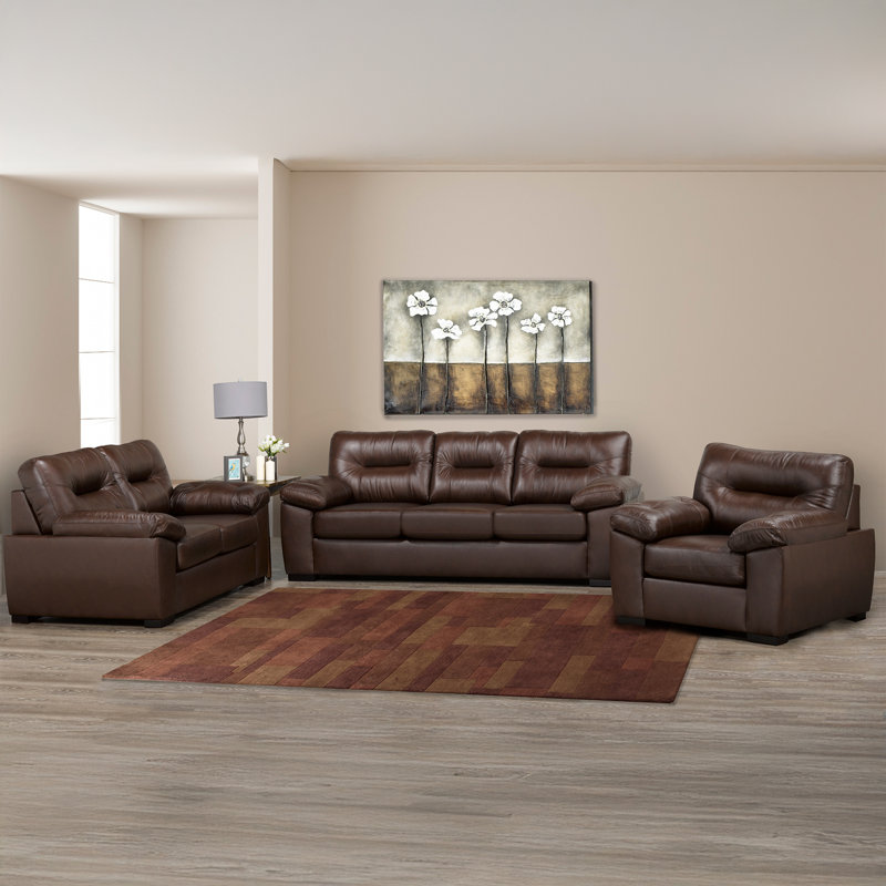 Ensemble de canapé en cuir, causeuse et chaise Linhay, Brun