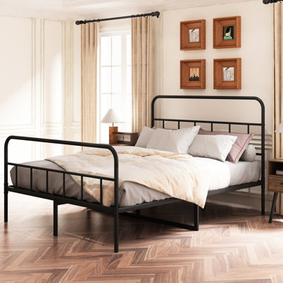 Queen Metal Bed Frame With Headboard, Iron Material, Skip Box Spring, Quiet Slumber, Black Size Platform Build, No Noiseless Night,