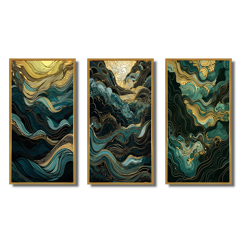 «Green Linear Symphony», 3 pièces sur toile, Cadre flottant doré, H 32 po x l 48 po