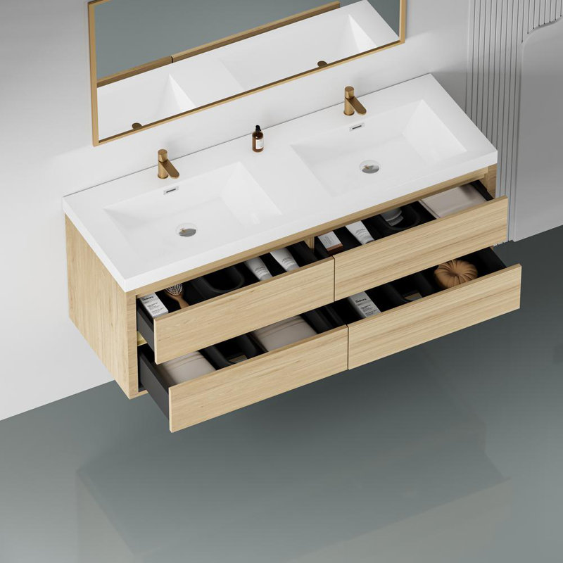 60" Wall-Mounted Bathroom Vanity, Oak Natural Wood