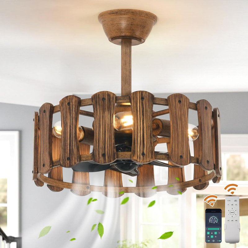 18In Caged Ceiling Fan With Light, Chandelier Farmhouse Ceiling Fans With Lights And Remote,Bladeless Rustic Fandelier Ceiling Fan For Kitchen, Bedroom(6 Speed, Timing)-Rustic Wood
