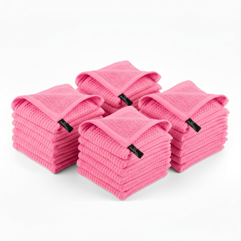 Kitchen Cleaning Dish Wash Cloths Waffle Terry Design Kitchen DishCloths|Washable 12x12 Cotton Dish Rags for Drying Dishes|Counter Top Barista Dust Wipes|Spring Easter Basket Decor| 24 Pc Set- Pink